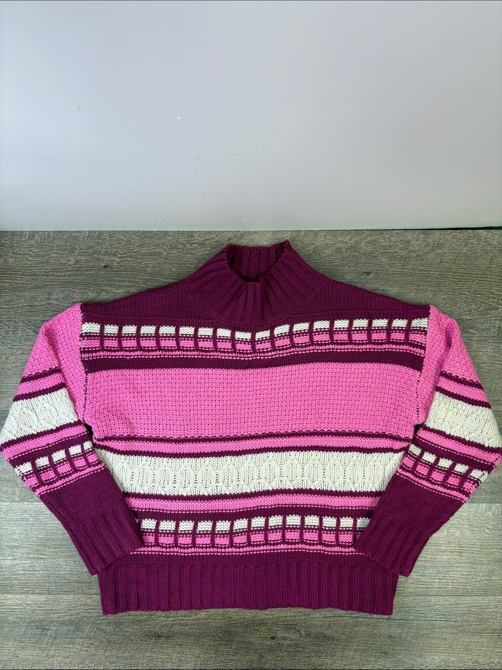 Altar’d State Pink Burgundy Fair Isle Mock Neck Sweater Size Small
